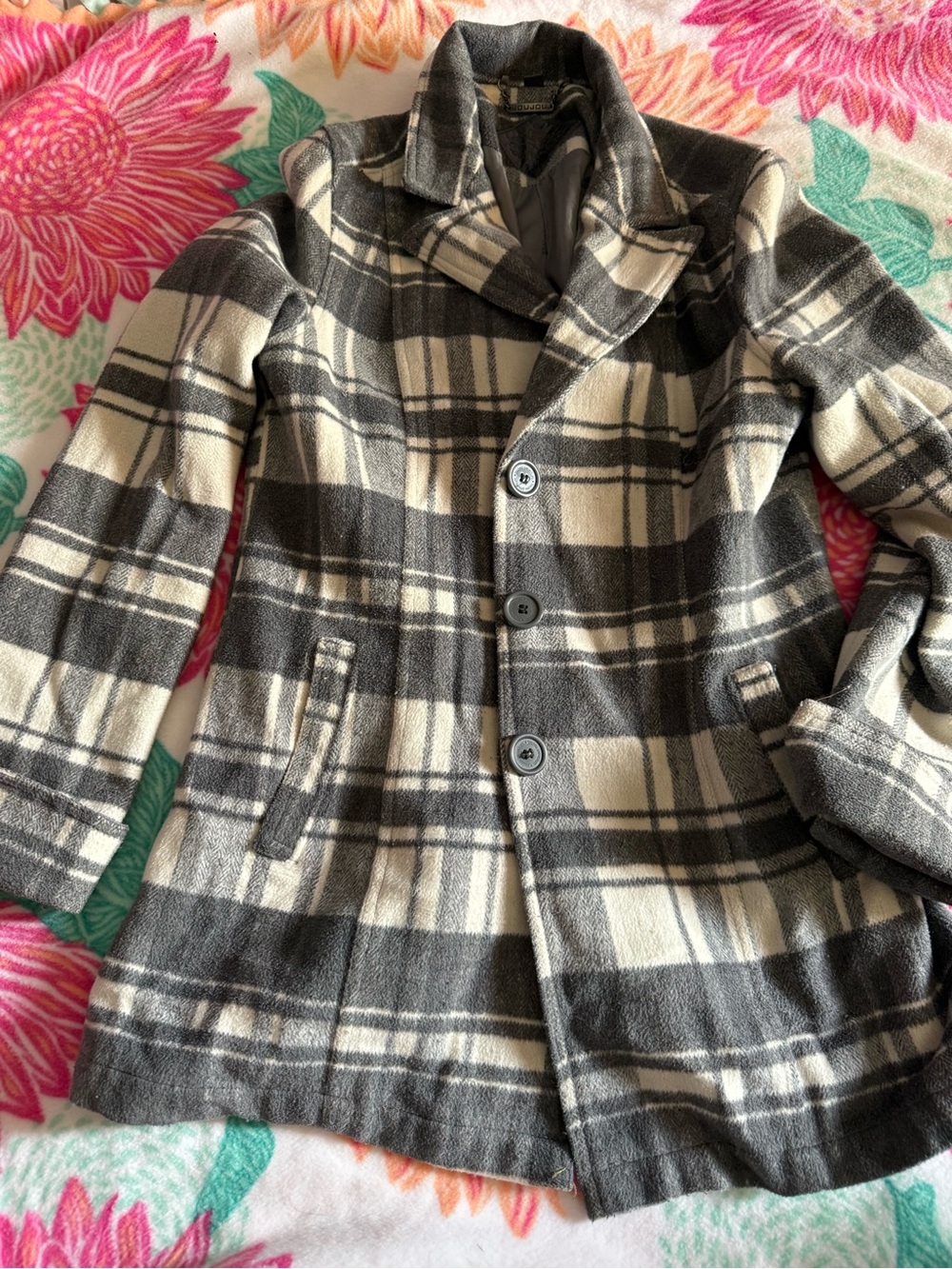 Plaid Wool-Blend Kids Coat in Black & Cream